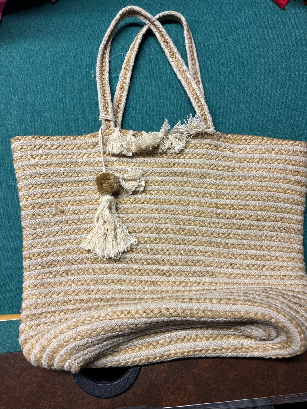 C & C California Neutral Straw Tote Bag with Tassel - Beige/Cream